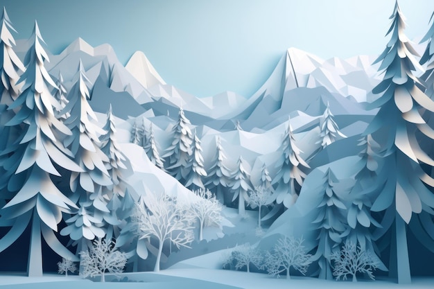 A paper cut of snowy trees with a snowy landscape in the background.