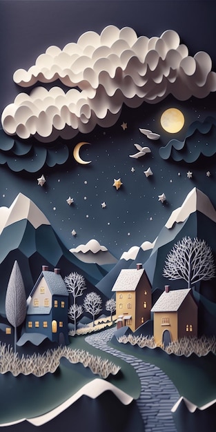 A paper cut of a snowy village with a moon and stars above it.