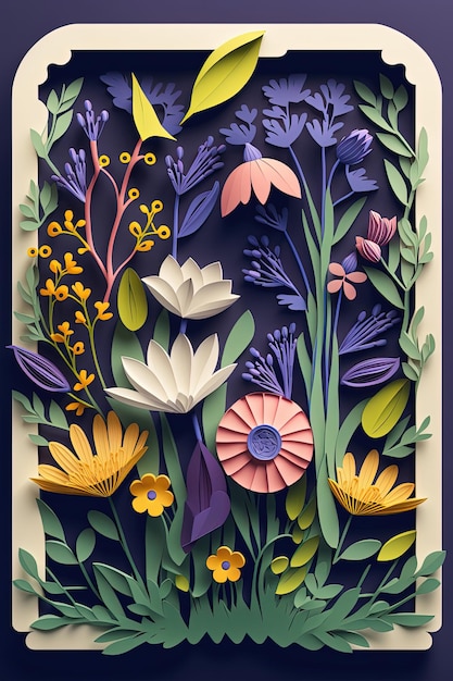 Paper cut spring floral design for card with blooming flowers