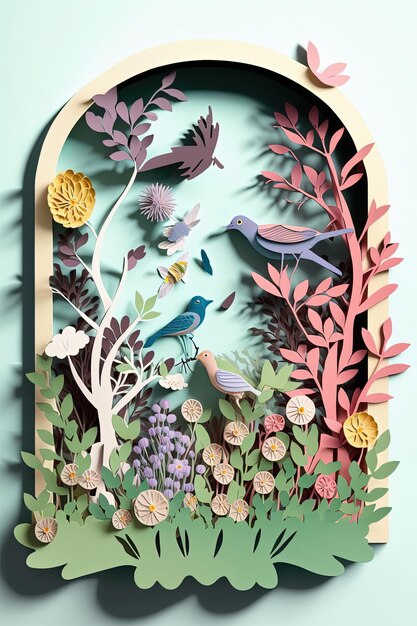 Paper cut spring floral design for card with flowers and birds