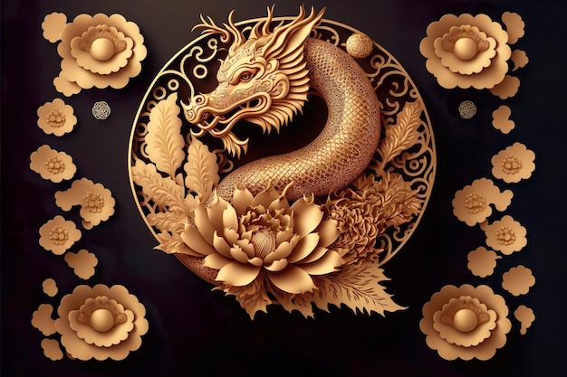 Paper cut style Happy chinese new year 2024 the dragon zodiac and flower with gold style on color background Generative Ai