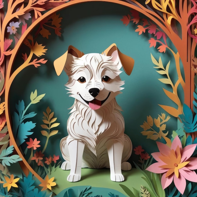 paper cut style illustration of dog