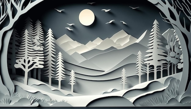 Photo paper cut style illustration of winter landscape generative ai