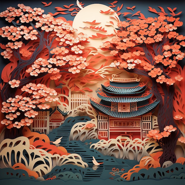 paper cut style Japanese garden with cherry blossoms decoration with beautifully blooming cherry