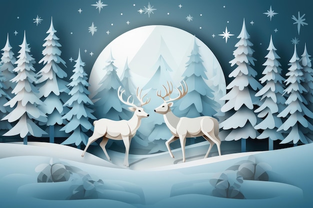 Paper cut style male reindeer with christmas tree and snow winter season and christmas