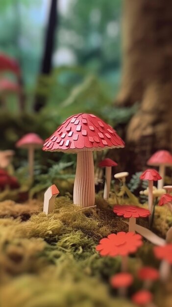 Paper cut style mushroom in the forest