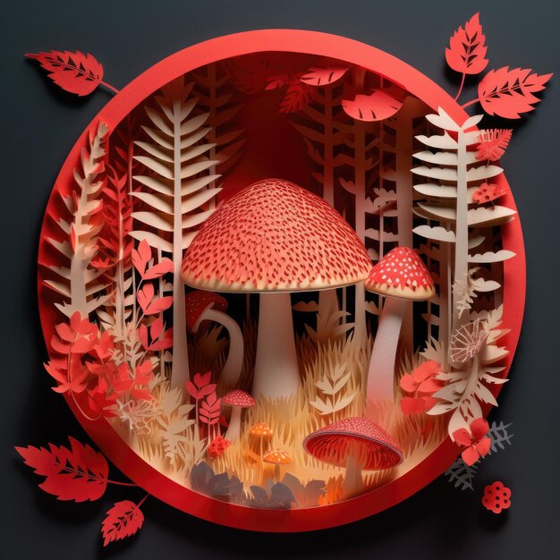 Paper cut style mushroom in the forest