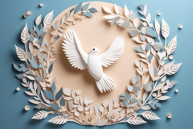 Photo paper cut style paper art of international peace day white pigeon flying with flowers on blue background generate ai