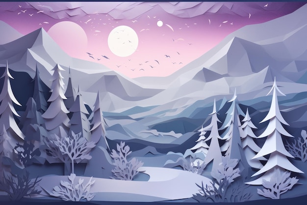 Paper cut style of a snowy landscape with a snowy landscape and a moon in the sky.