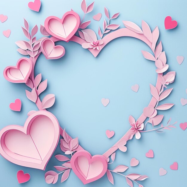 Paper cut style of valentine day concept frame with heart and flower background