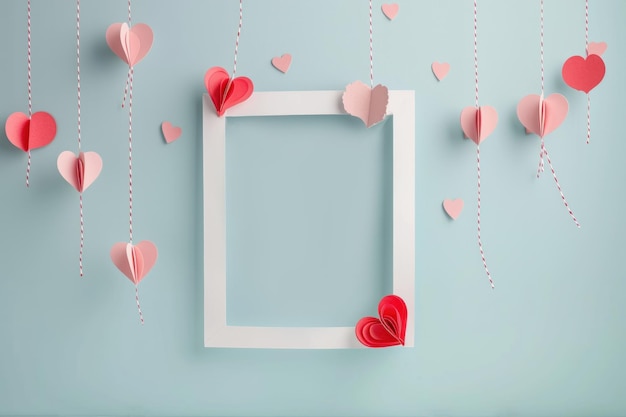 Paper cut style of valentine day concept frame with heart and flower background