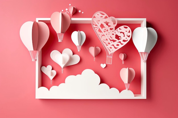 Paper cut style valentine day with heart balloon and love Generative Ai