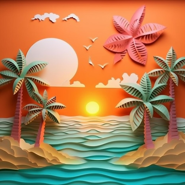 A paper cut of a sunset with palm trees and birds generative ai