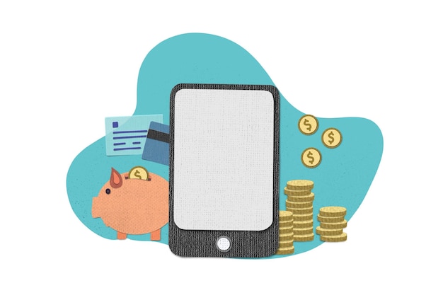 paper cut texture of smartphones with coin online banking or payment service deposit replenishment and saving money and financial investment