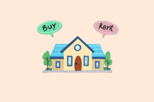 Paper cut texture style of home with Buy or Rent in bubble speech copy space business