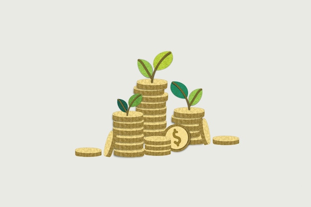 Paper cut texture style of success in wealth management concept\
money plant seedling metaphor financial or investment growth\
increase earning profit and capital gain