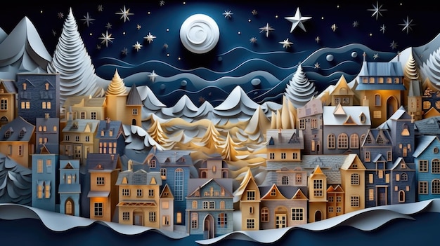 A paper cut of a town with a starry sky and stars.