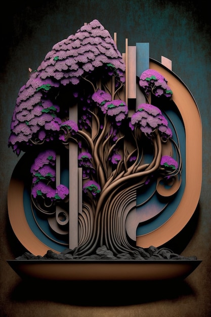 Paper cut of a tree with purple leaves generative ai