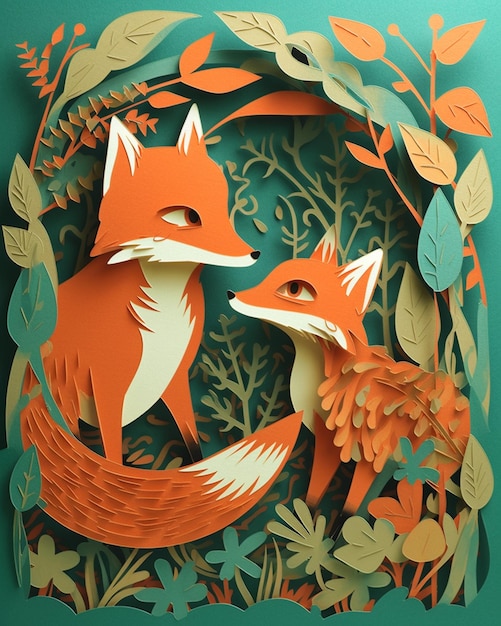 A paper cut of two foxes with the words fox on the bottom.