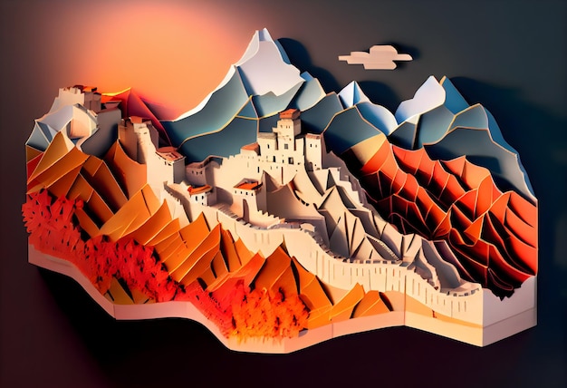 A paper cut of a wall with a mountain in the background.