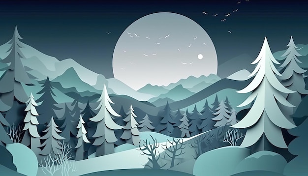 Paper cut winter mountain landscape background with snowflake and tree Illustration Generative AI