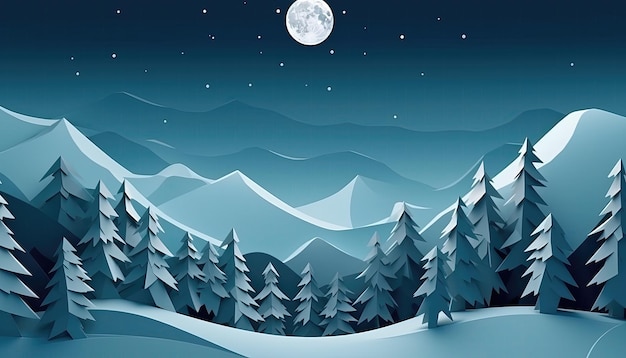 Photo paper cut winter mountain landscape background with snowflake and tree illustration generative ai