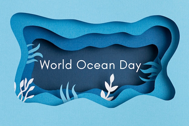 Photo paper cut for world ocean day deep underwater sea. blue marine life. save the oceans papercut with fish and seaweeds on blue sea water wall. environment care and nature protection.