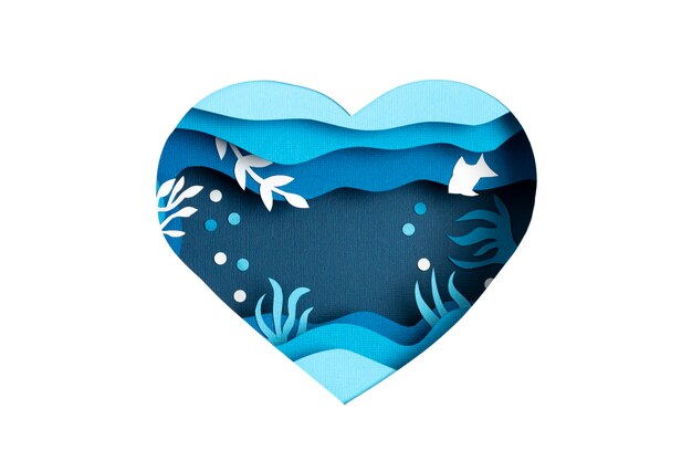 Photo paper cut for world ocean day deep underwater sea. blue marine life. save the oceans papercut with fish and seaweeds on blue sea water wall. environment care and nature protection.