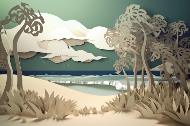 Paper cutout of a beach with a sea and sky in the background.