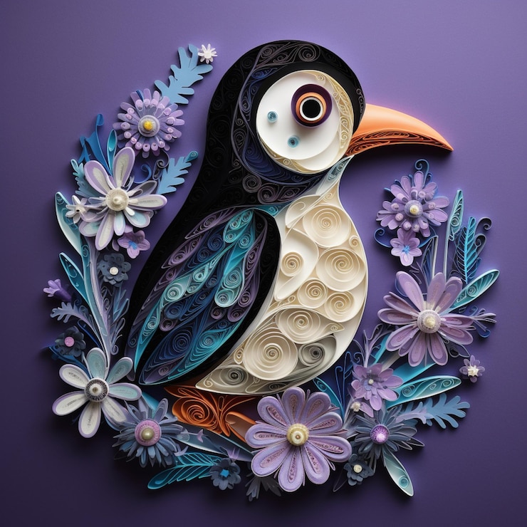 Photo a paper cutout of a bird with a yellow beak sits in a purple background.