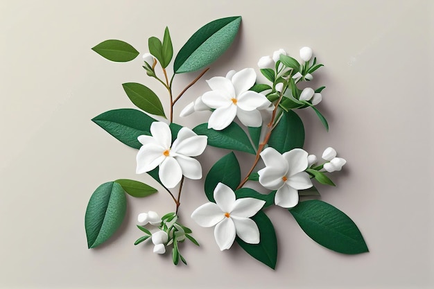 A paper cutout of a branch with white flowers and green leaves.