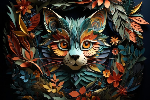 a paper cutout of a cat surrounded by flowers and leaves