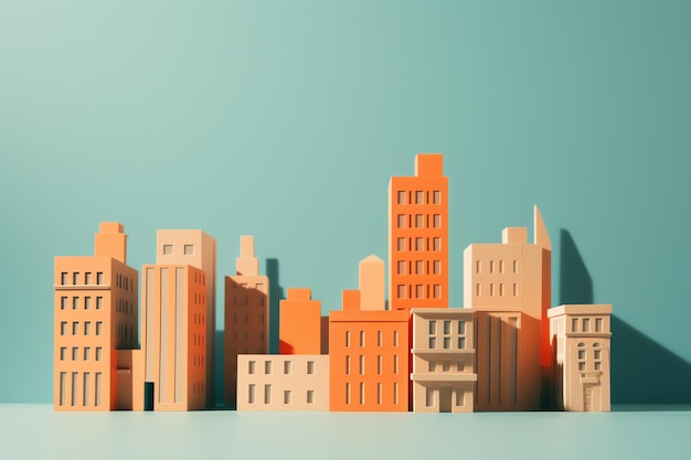 A paper cutout of a city with a blue background.