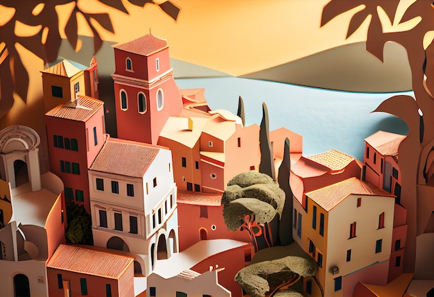 A paper cutout of a city with a blue sky and a tree in the foreground.