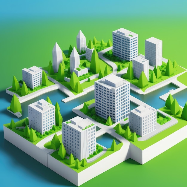 A paper cutout of a city with a green landscape and trees