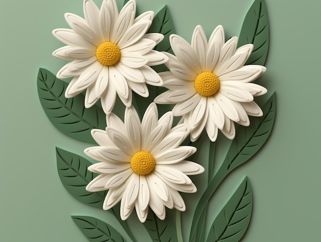 A paper cutout of daisies with a green leaf on the right side.