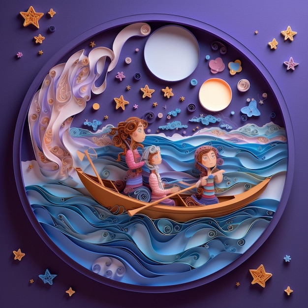 A paper cutout of a family in a boat with the moon and stars on the left side