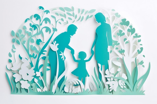 Photo paper cutout of a family with flowers family day card parents day card father mother and child