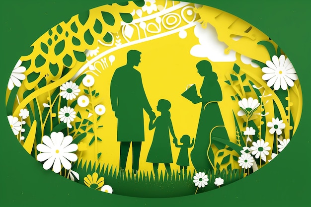 Paper cutout of a family with flowers Family day card Parents day card Father mother and children