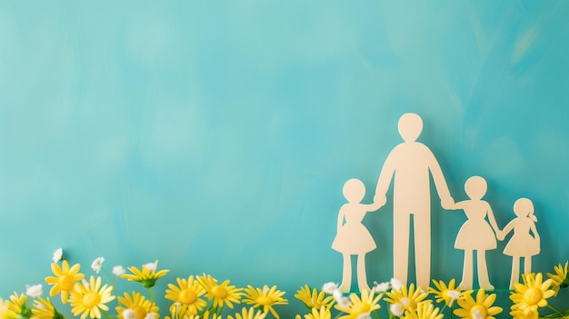 Photo paper cutout of family with two children on blue background yellow flowers