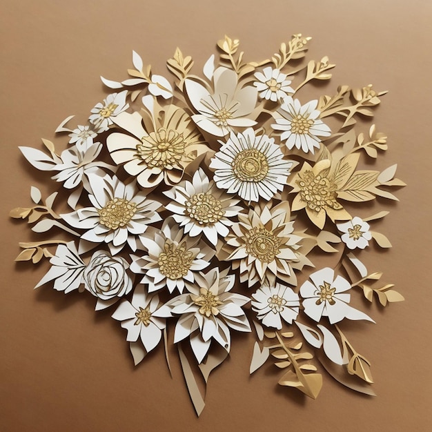 A paper cutout of flowers with gold accents