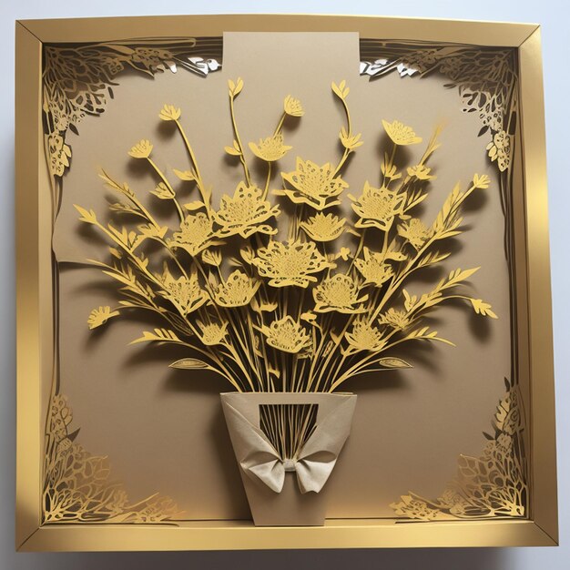 A paper cutout of flowers with gold accents