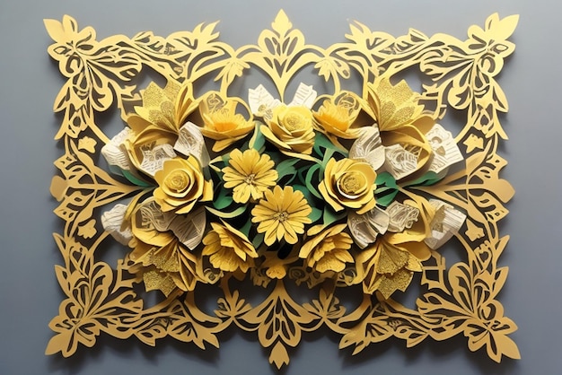 A paper cutout of flowers with gold accents