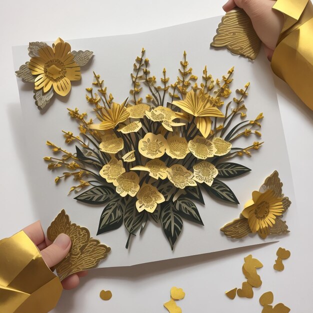 A paper cutout of flowers with gold accents