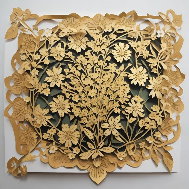 A paper cutout of flowers with gold accents