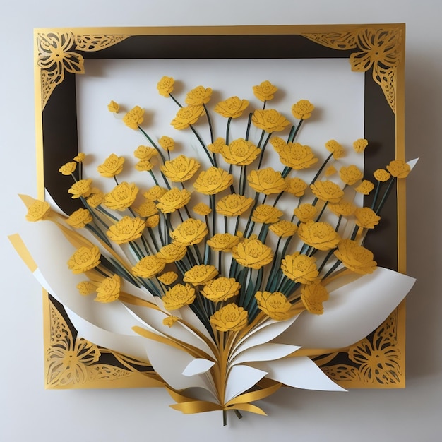 A paper cutout of flowers with gold accents