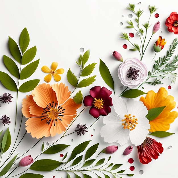 A paper cutout of flowers with a red flower on the left.