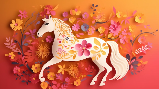 A paper cutout of a horse with flowers on the top.