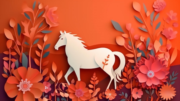 Paper cutout of a horse with flowers on the top