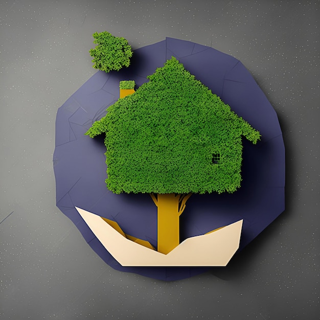 A paper cutout of a house with a tree on it.